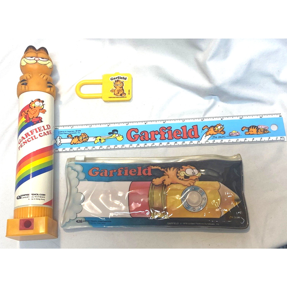 Vintage 1980s Garfield United Feature Syndicate Lot Pencil Case Pencils Ruler